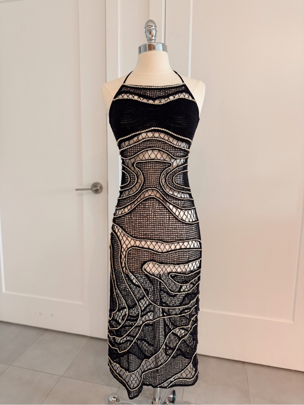 Black Crochet Halter Midi Dress with Nude Underlay